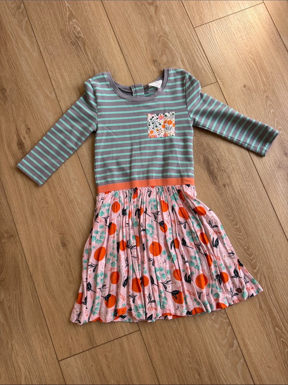 Matilda Jane-Joanna Gains Teal Striped Bodice w/ Pink Orange Floral Skirt Dress